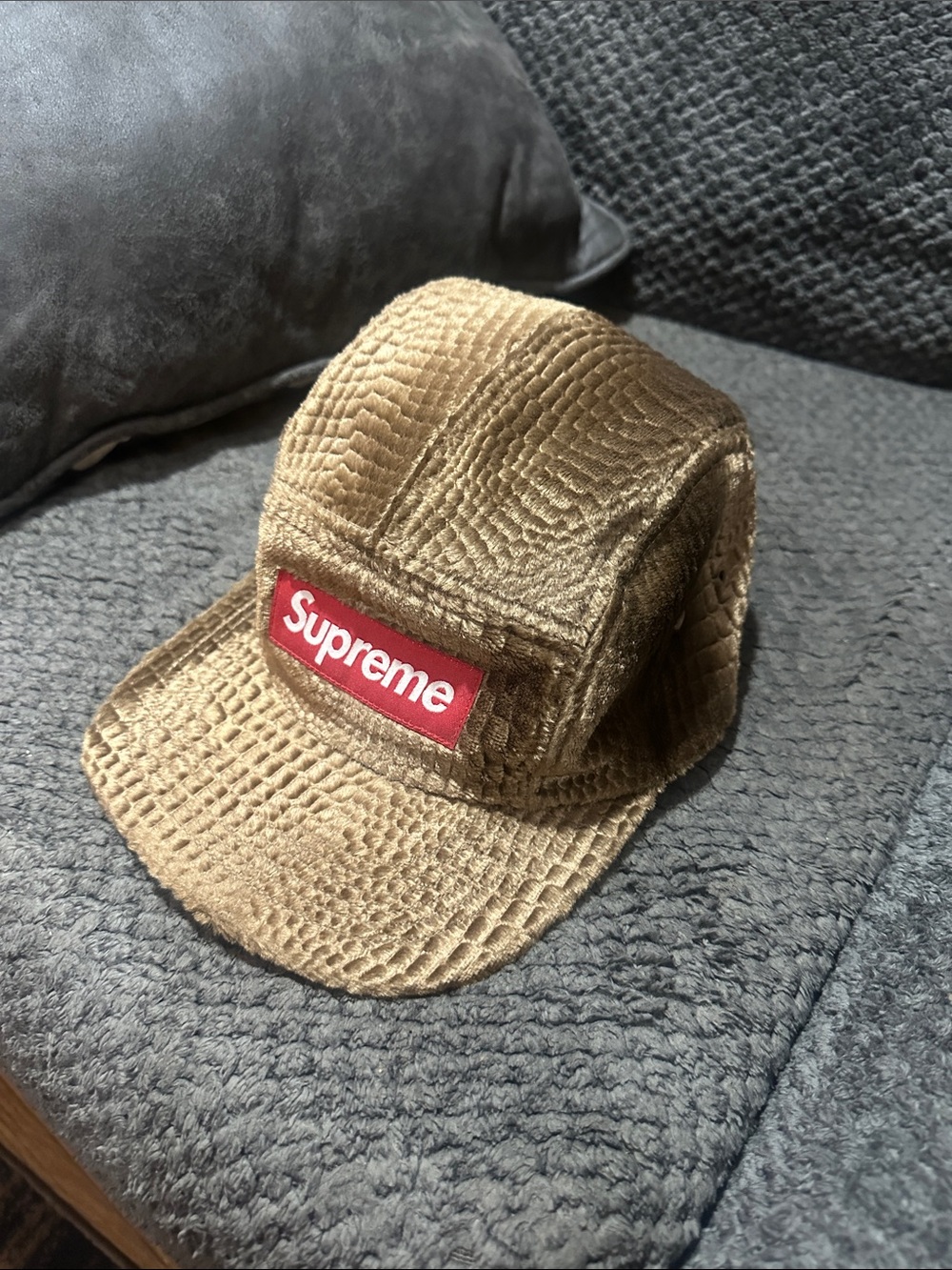 SupremeRare older  Tan Corduroy Five-Panel Cap with Red Logo Patch